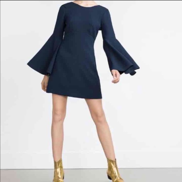 navy blue bell sleeve dress